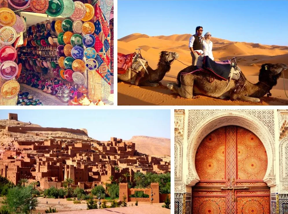 Tour Marocco da Spagna Citta Imperiali 2027 - Collage souk dromedari Ait Benhaddou - Viaggio Organizzato in Marocco da Spagna