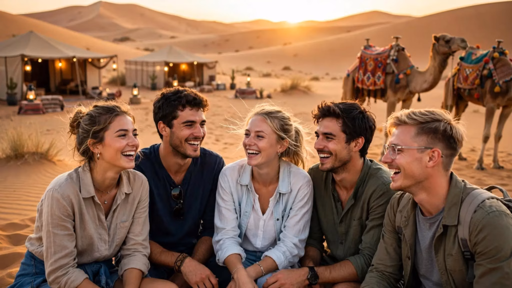 Tours Organizzati in Marocco - Turisti europei felici nel deserto di Merzouga al tramonto - Tour su misura da Marrakech, Fes, Casablanca, Tangeri, Agadir, Rabat, Errachidia, Nador e Oujda